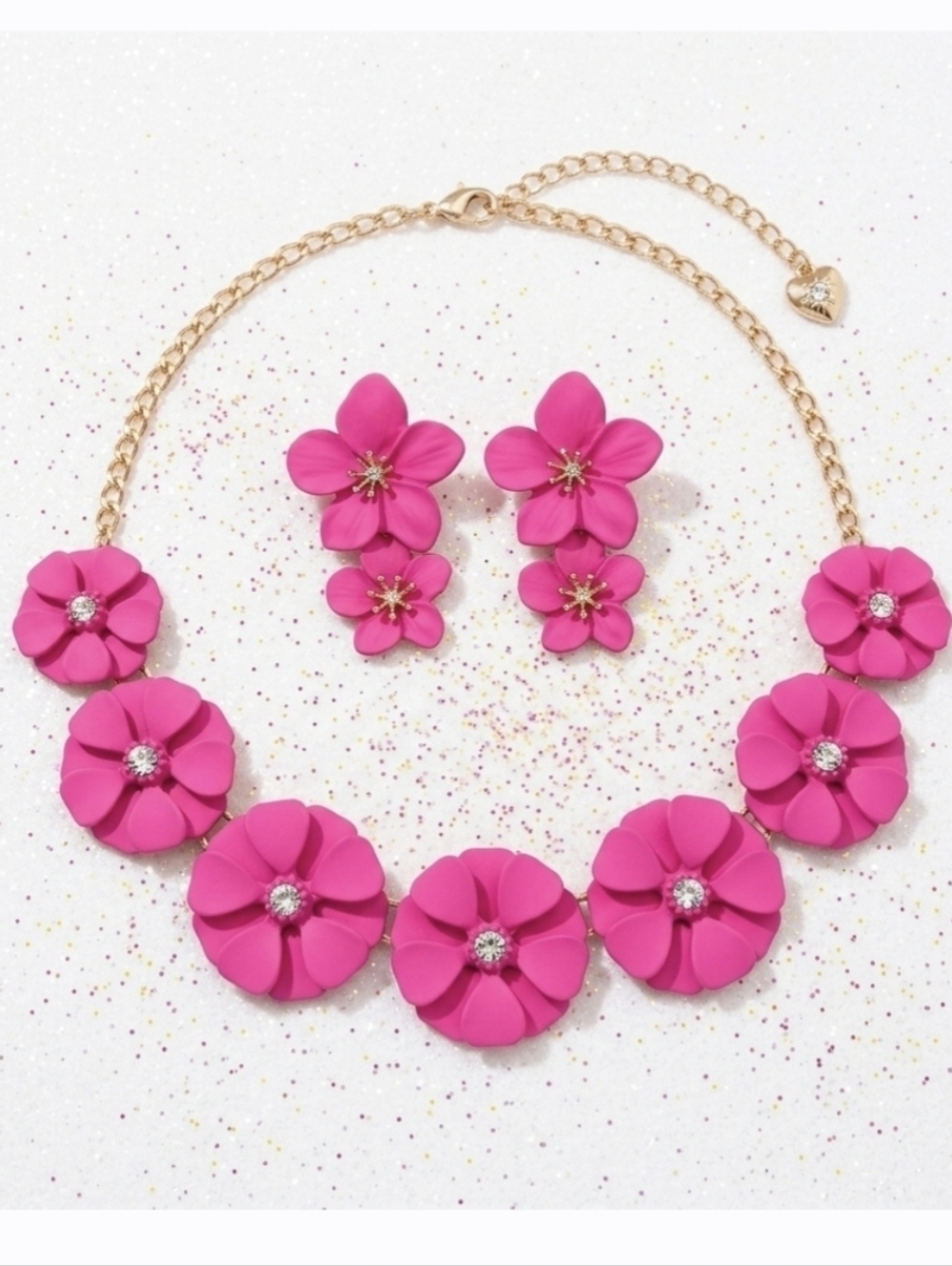 Hot pink Crystal Flower Necklace Earrings jewelry set